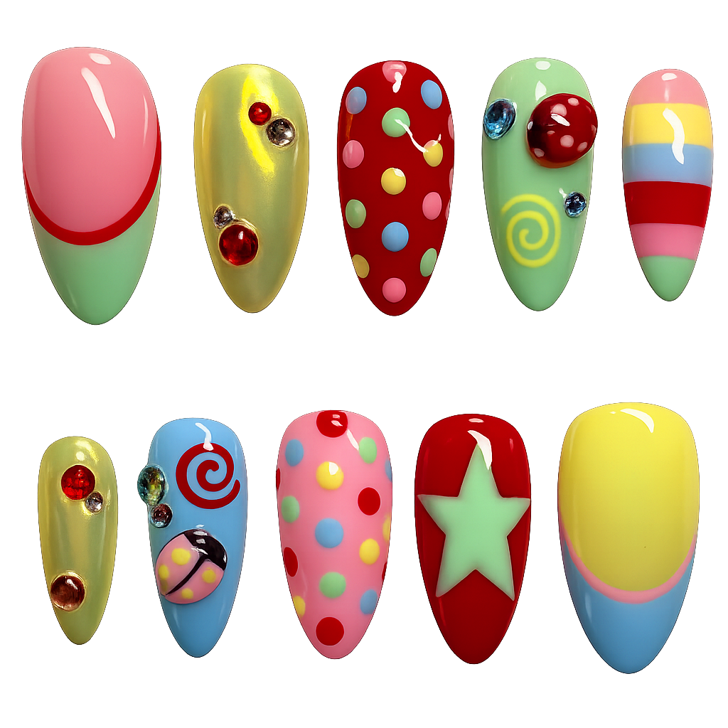 Handmade Ladybug Circus Carnival Press-On Nails