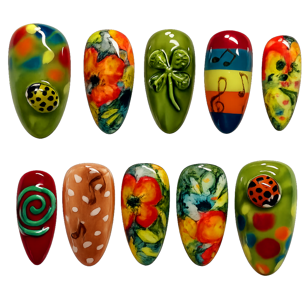 Handmade LadyBug Floral & Music Press-On Nails