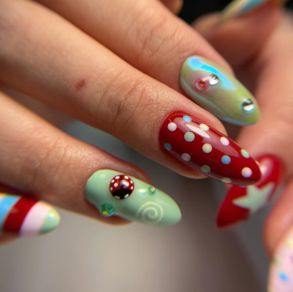 Handmade Ladybug Circus Carnival Press-On Nails